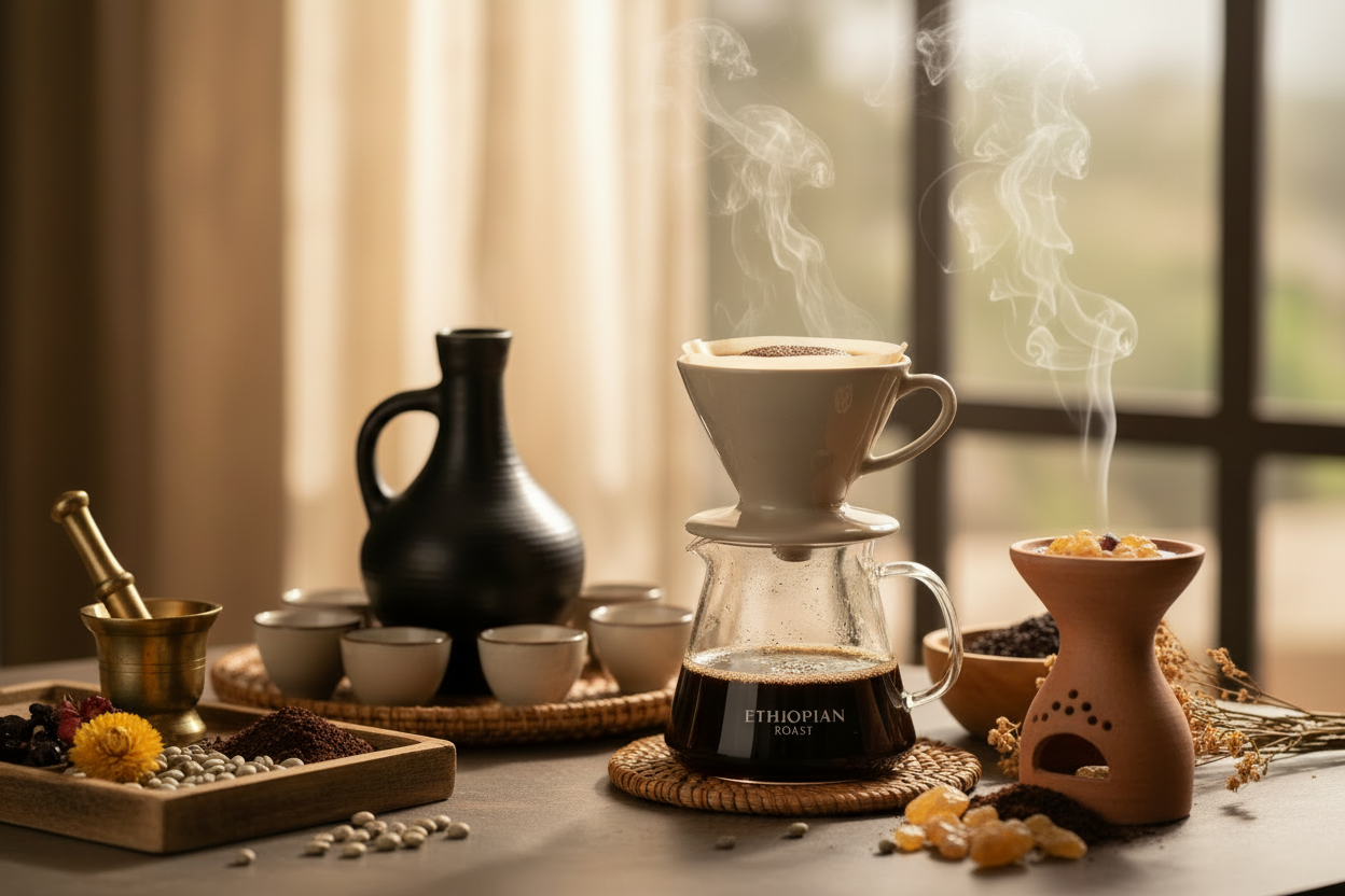 Ethiopian coffee scene with incense